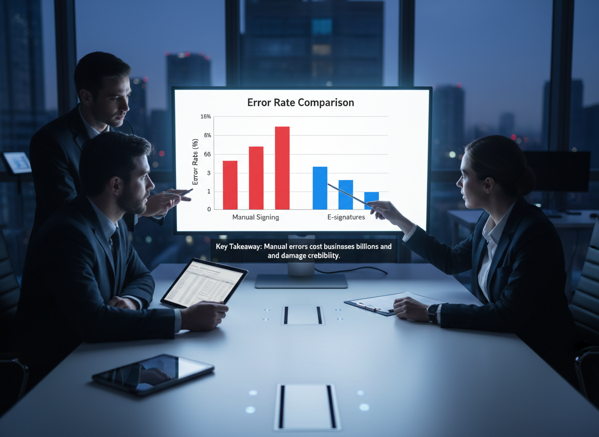 Graph comparing error rates of manual signing versus e-signatures, showing a drastic reduction in errors with e-signature adoption.