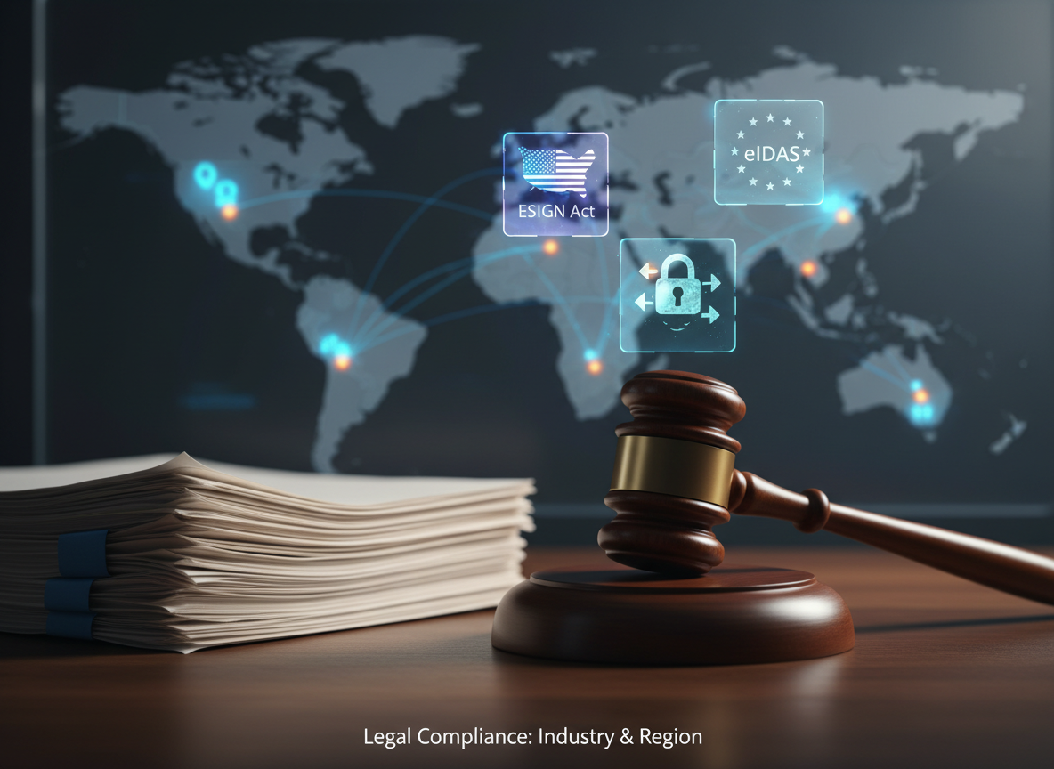 A gavel beside legal papers with holographic icons representing global compliance regulations.