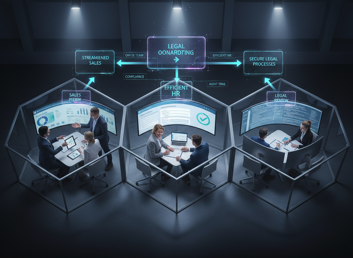 An overhead view of a co-working space with a holographic flowchart showing streamlined workflows in sales, HR, and legal processes.