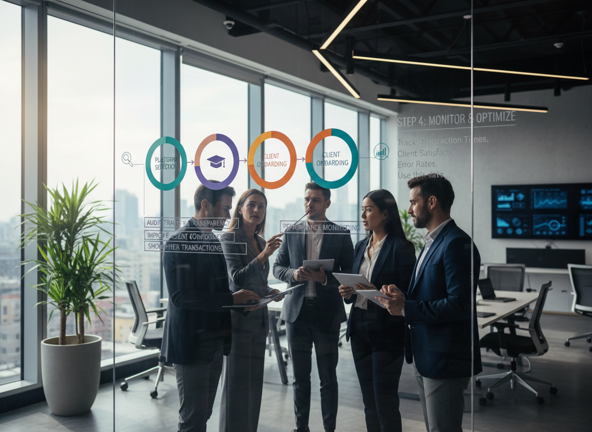 Workflow diagram illustrating the implementation process for e-signatures: platform selection, training, client onboarding, and performance monitoring, with relevant icons for each stage.
