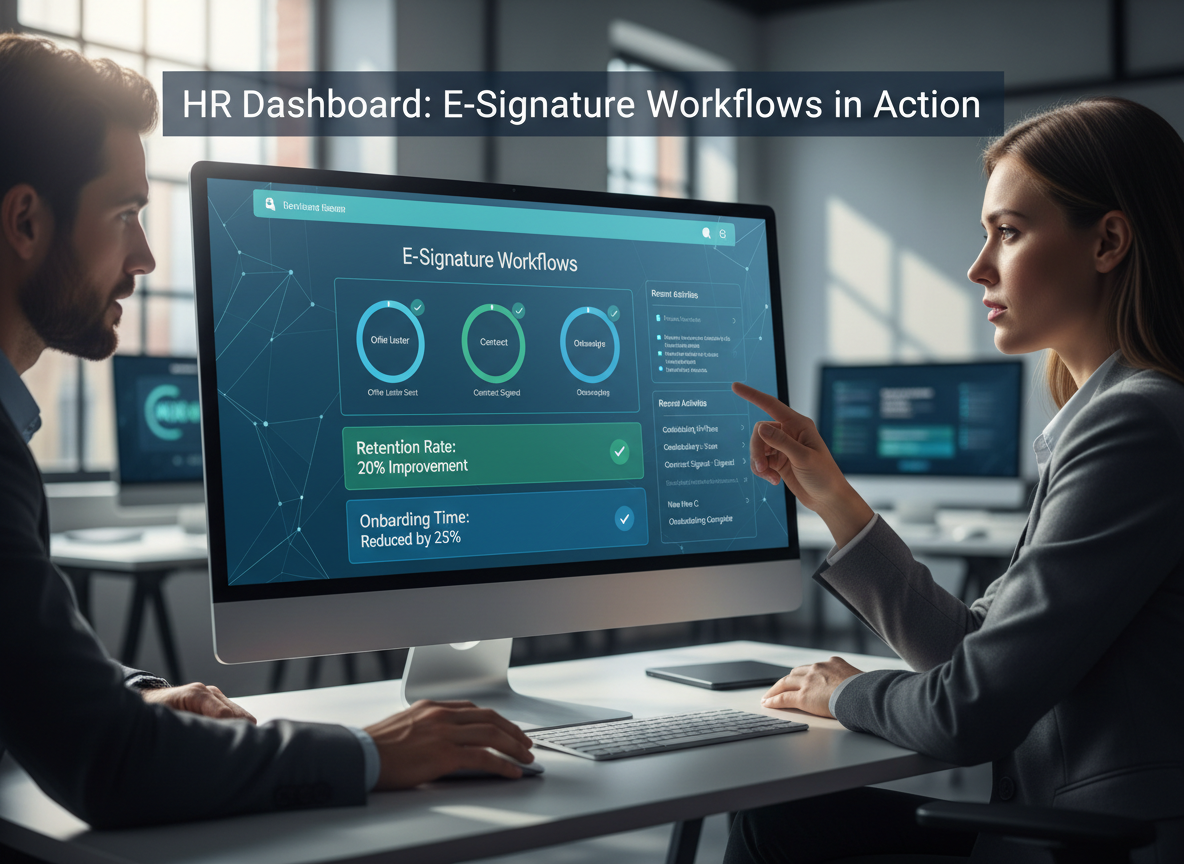 Detailed view of an HR dashboard displaying e-signature workflows and real-time onboarding metrics.