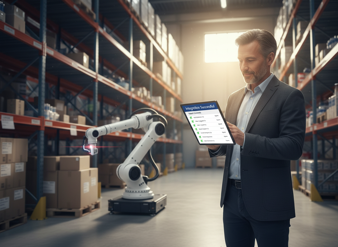A warehouse manager reviewing signed vendor contracts on a tablet, with an automated robotic arm scanning barcodes, showcasing streamlined vendor management.