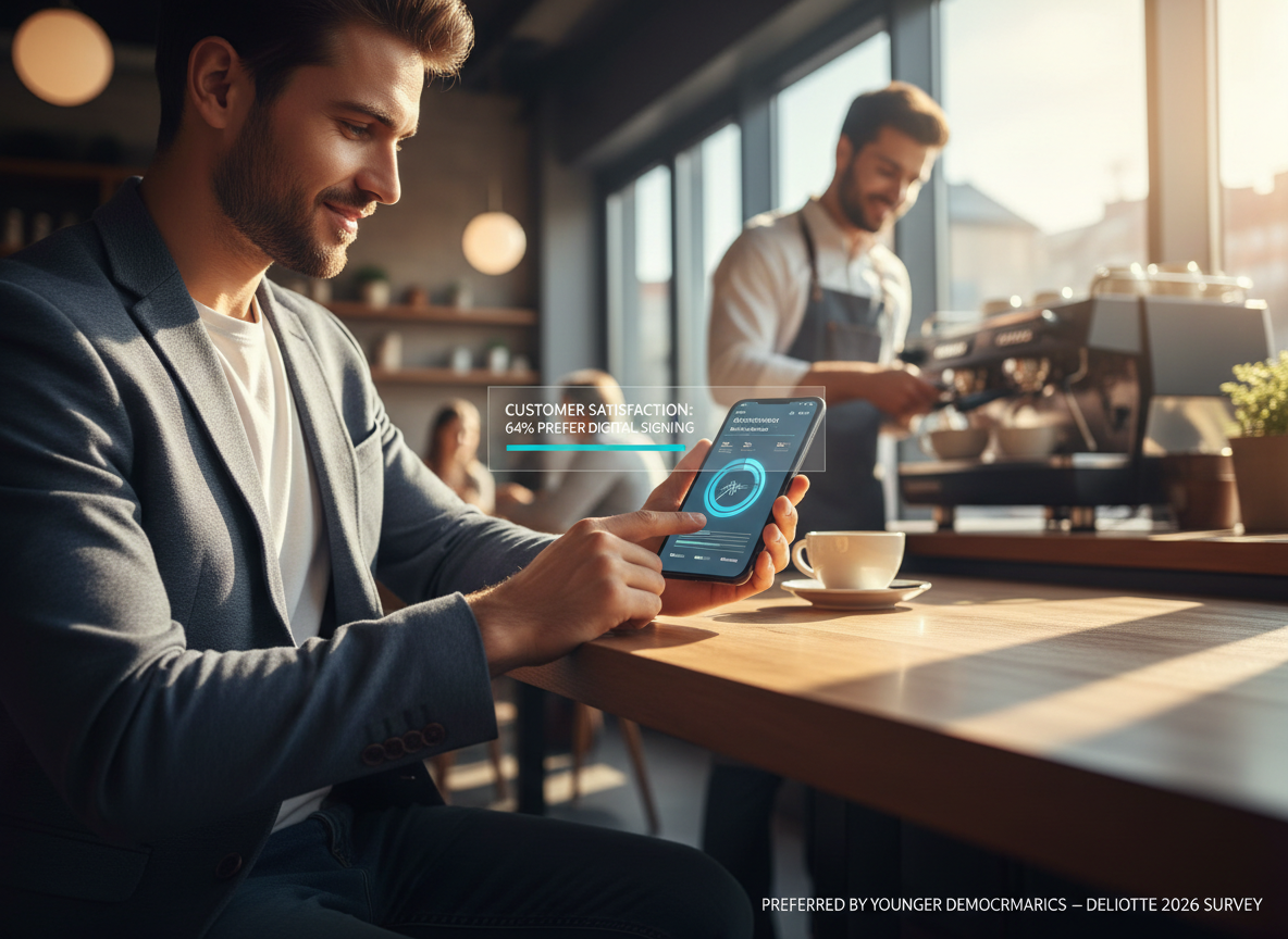 Customer signing a document on a smartphone in a café setting with satisfaction metrics displayed above.