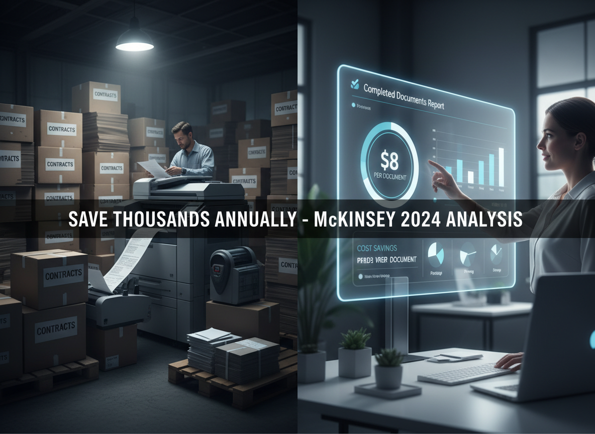 Comparison of physical resources like printing and storage versus digital workflows with cost savings highlighted.