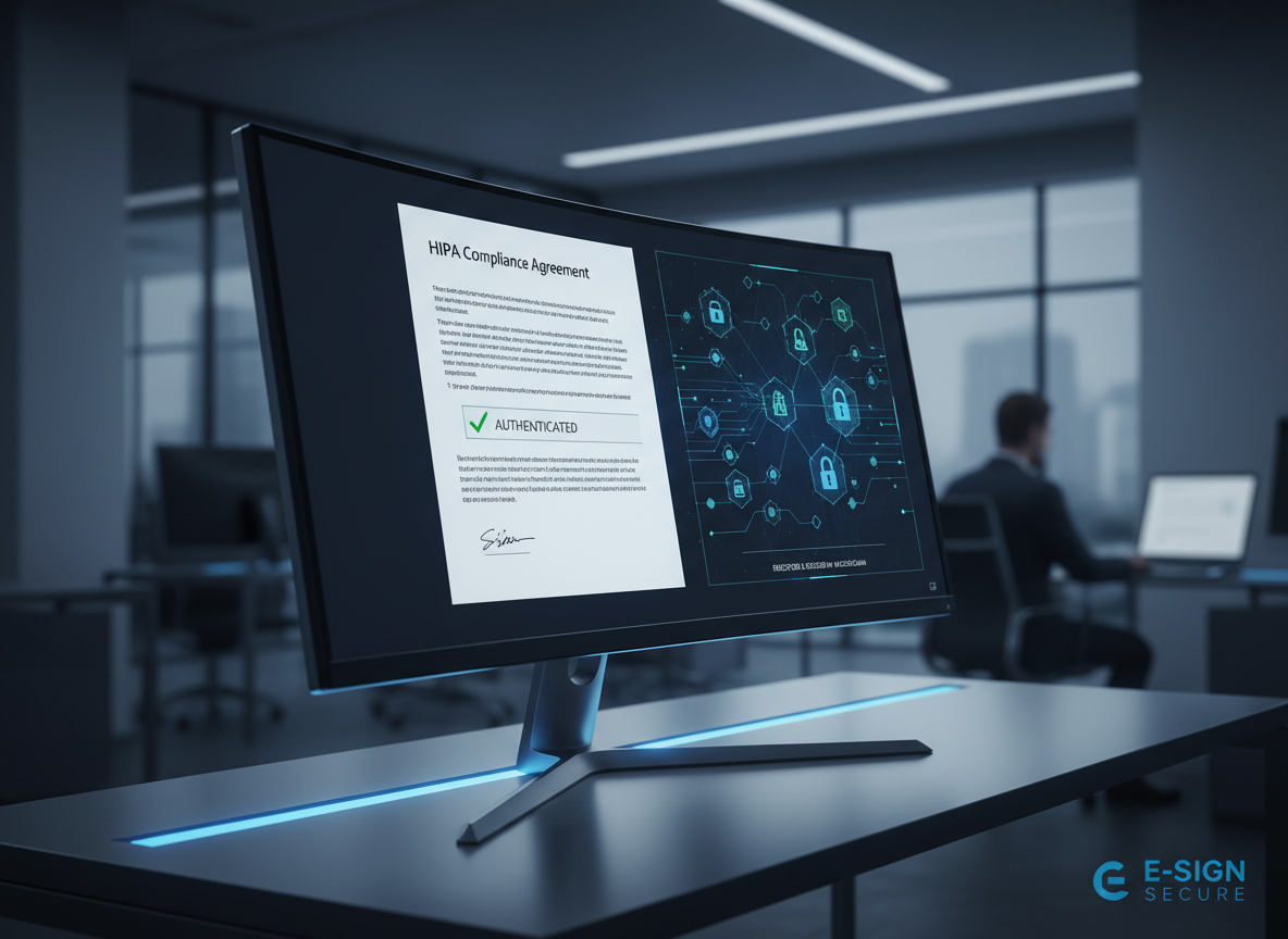 A computer screen displaying a digitally signed document with a green checkmark labeled 'Authenticated,' alongside cryptographic visuals representing security.