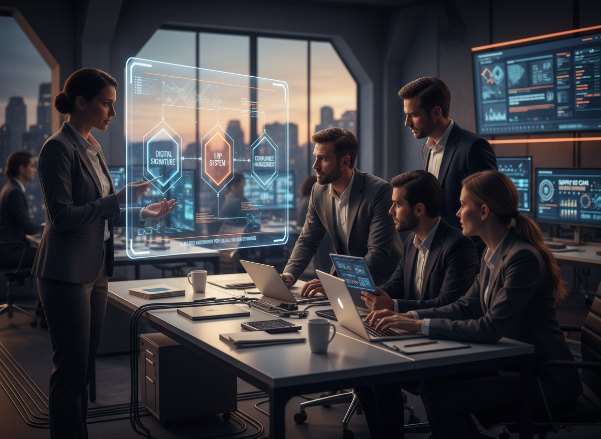 Tech startup office showing employees collaborating on digital signature software integration with ERP and compliance tools.