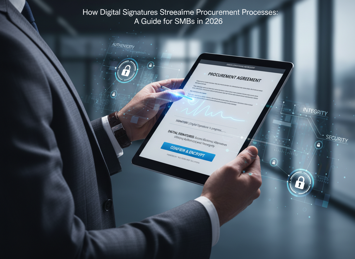 Close-up of a digital document being signed on a tablet, with cryptographic and security visuals highlighting the process.