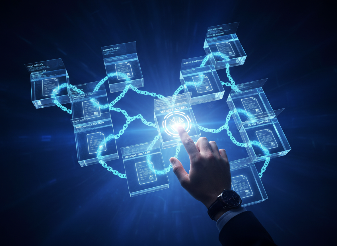 A futuristic blockchain network with interconnected blocks showing holographic documents and a hand activating one block with a fingerprint scanner.