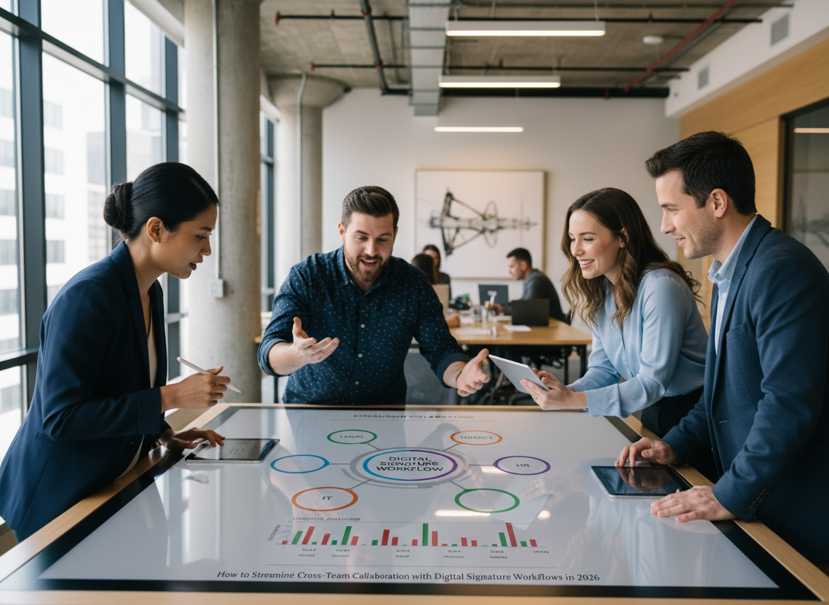 Diverse team members collaborating around a touchscreen table displaying a digital signature workflow interface with connected nodes labeled 'Legal,' 'Finance,' 'HR,' and 'Operations.'