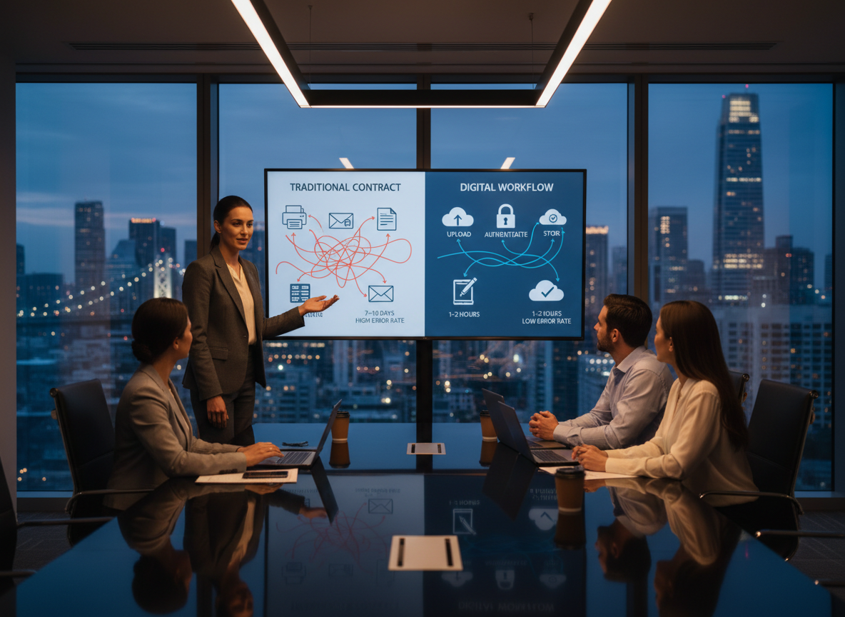 Comparison chart of traditional contract process versus digital signature workflow showcasing time savings and reduced errors.