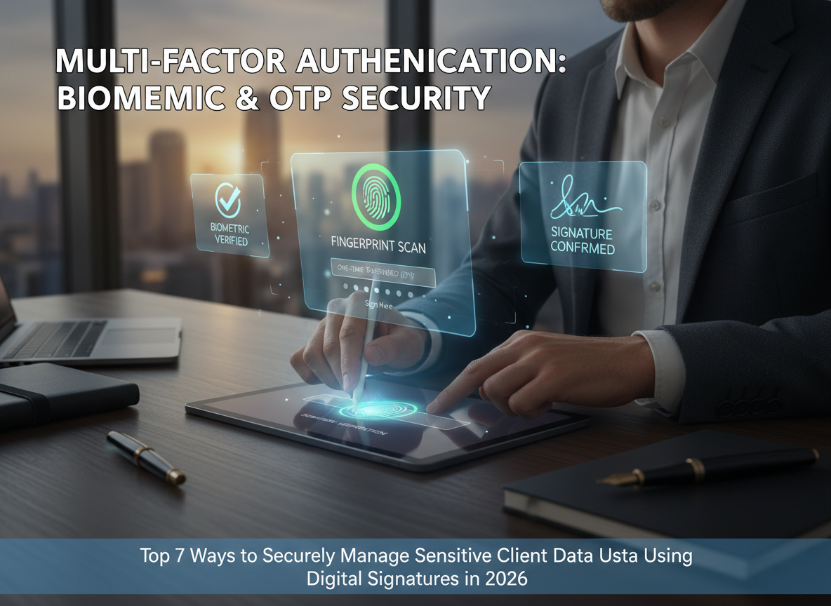 An office desk with a tablet showing multi-factor authentication steps, including fingerprint scan and OTP entry, for secure digital signatures.