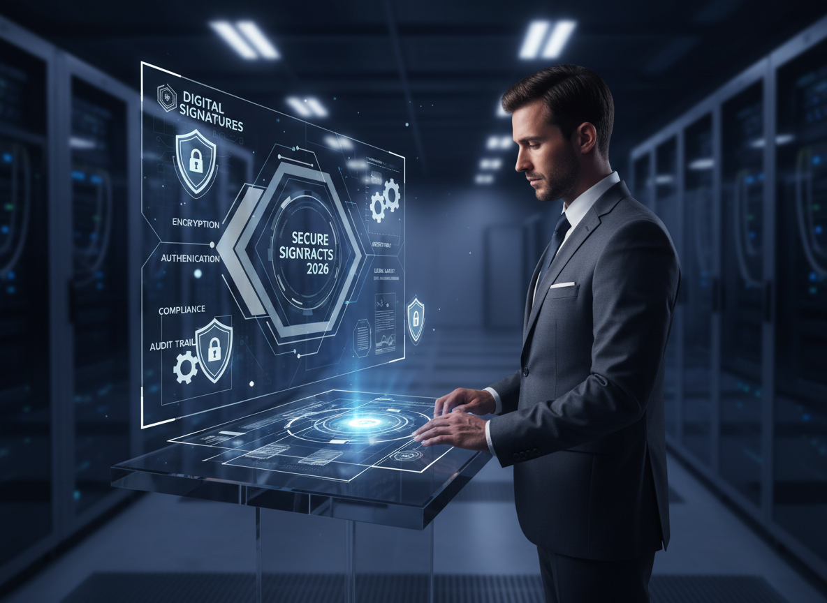 IT expert in a data center monitoring a digital interface with holographic shields and locks, illustrating advanced digital signature security features.