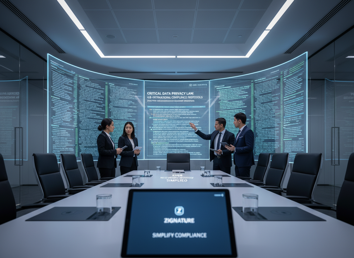 Modern law office in 2026 with digital screens showcasing legal codes and compliance checklists.