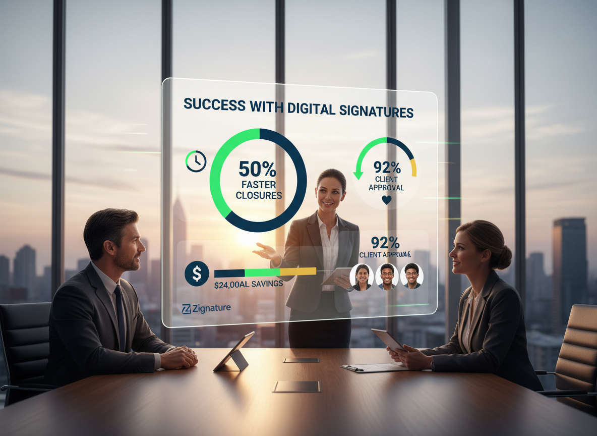 Infographic showing time savings, cost reductions, and improved client satisfaction with digital signatures.