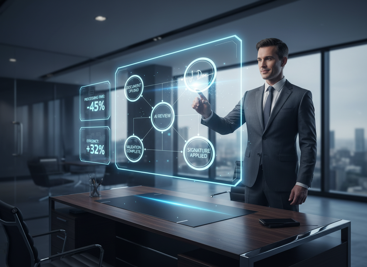 A futuristic office with holographic screens showing an AI-driven workflow for digital signatures, highlighting efficiency improvements.