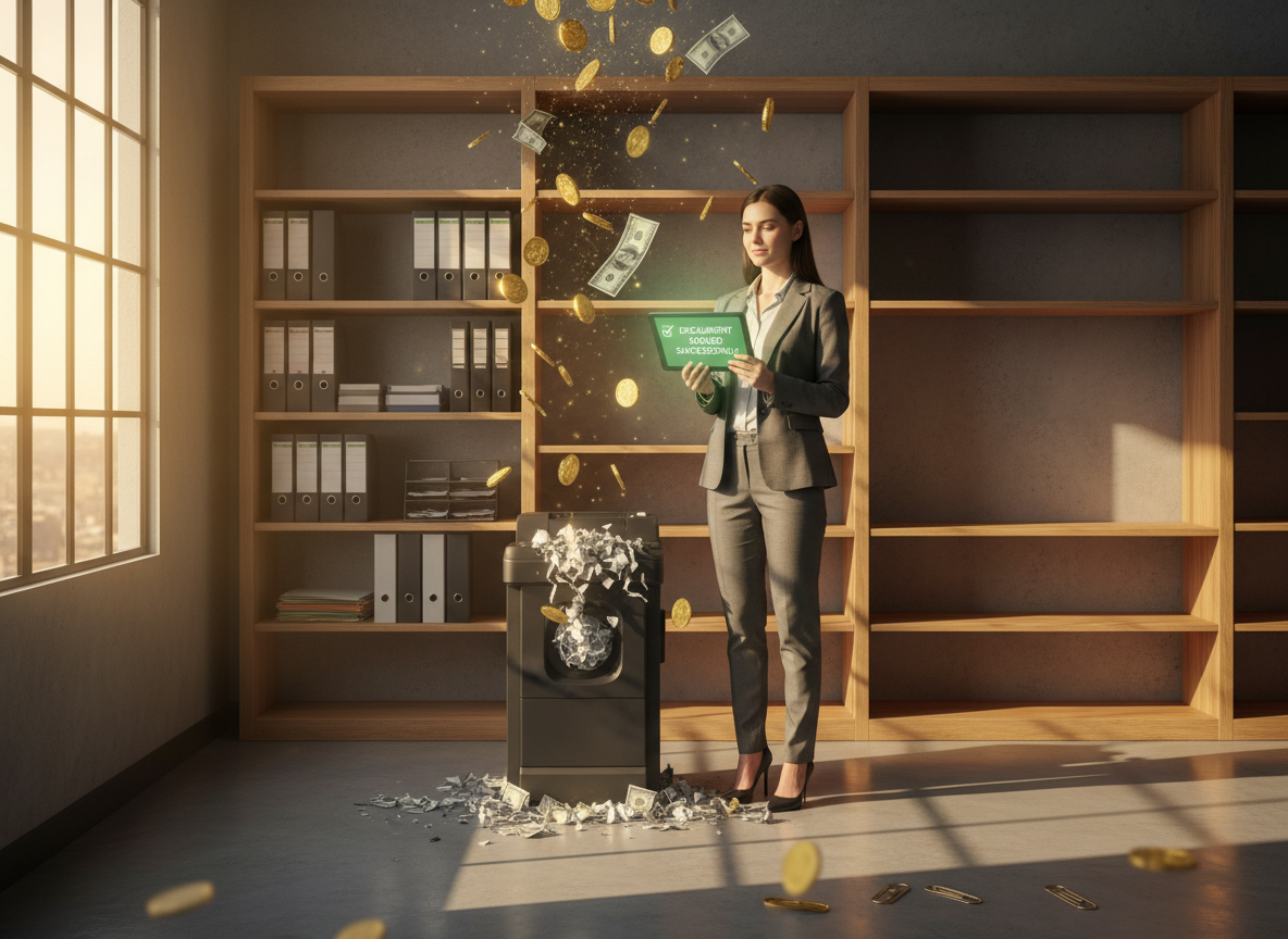 A professional in an office holding a tablet showing a signed document notification, next to a paper shredder, symbolizing cost savings.