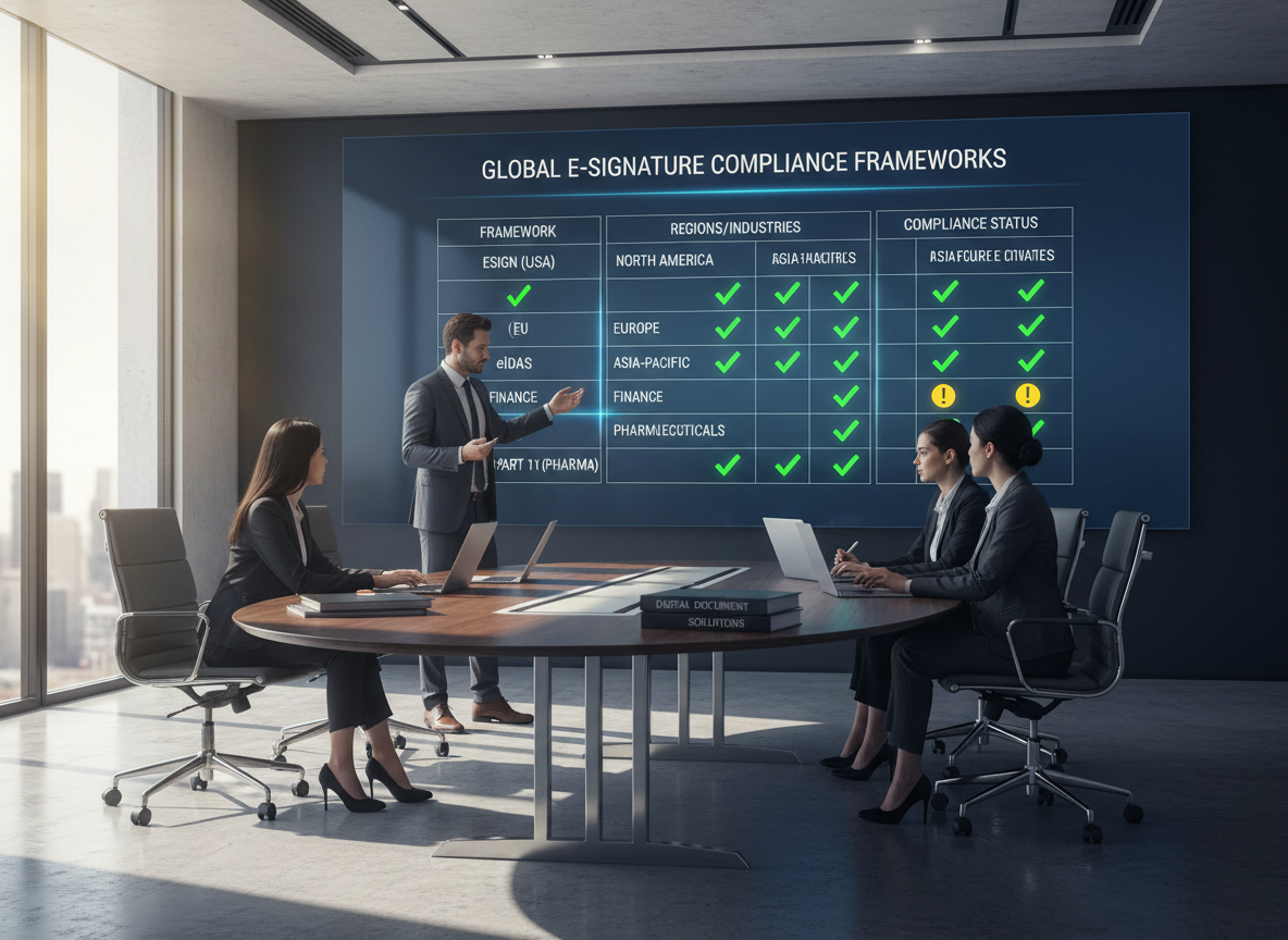 A digital comparison chart in a corporate boardroom showing legal compliance frameworks for electronic signatures across regions and industries.