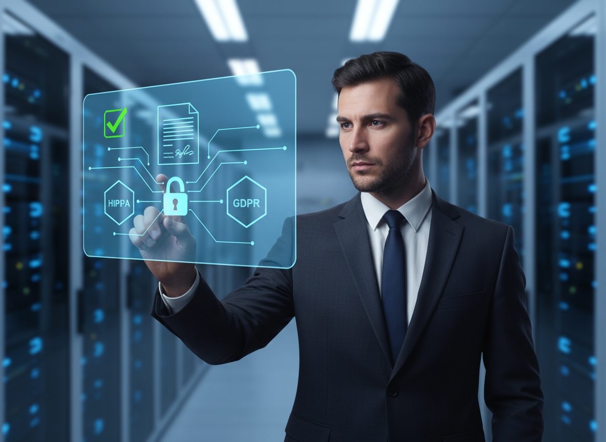 A cybersecurity expert in a server room reviews holographic data showing compliance badges and a secured digital signature, symbolizing security in workflows.