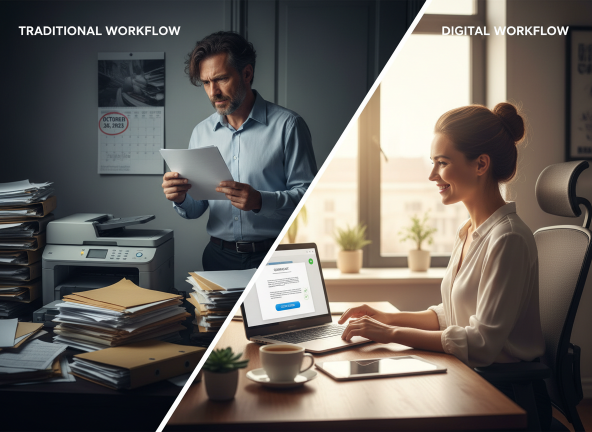 A split-screen comparison of traditional paper-based workflows with stacks of paper versus efficient digital workflows with laptops and digital signatures.