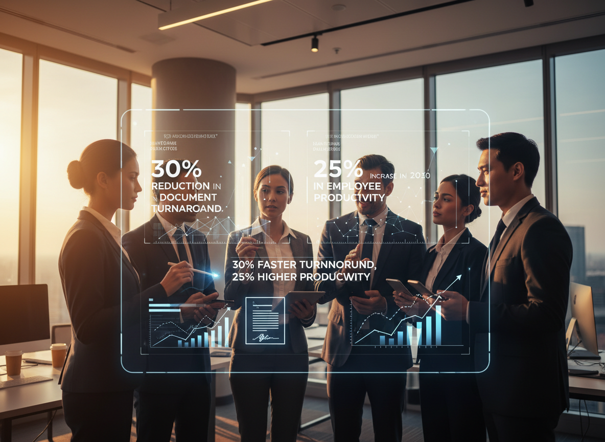 A diverse team collaborates around a digital dashboard showing metrics like 30% faster turnaround and 25% higher productivity, with an e-signature in action.