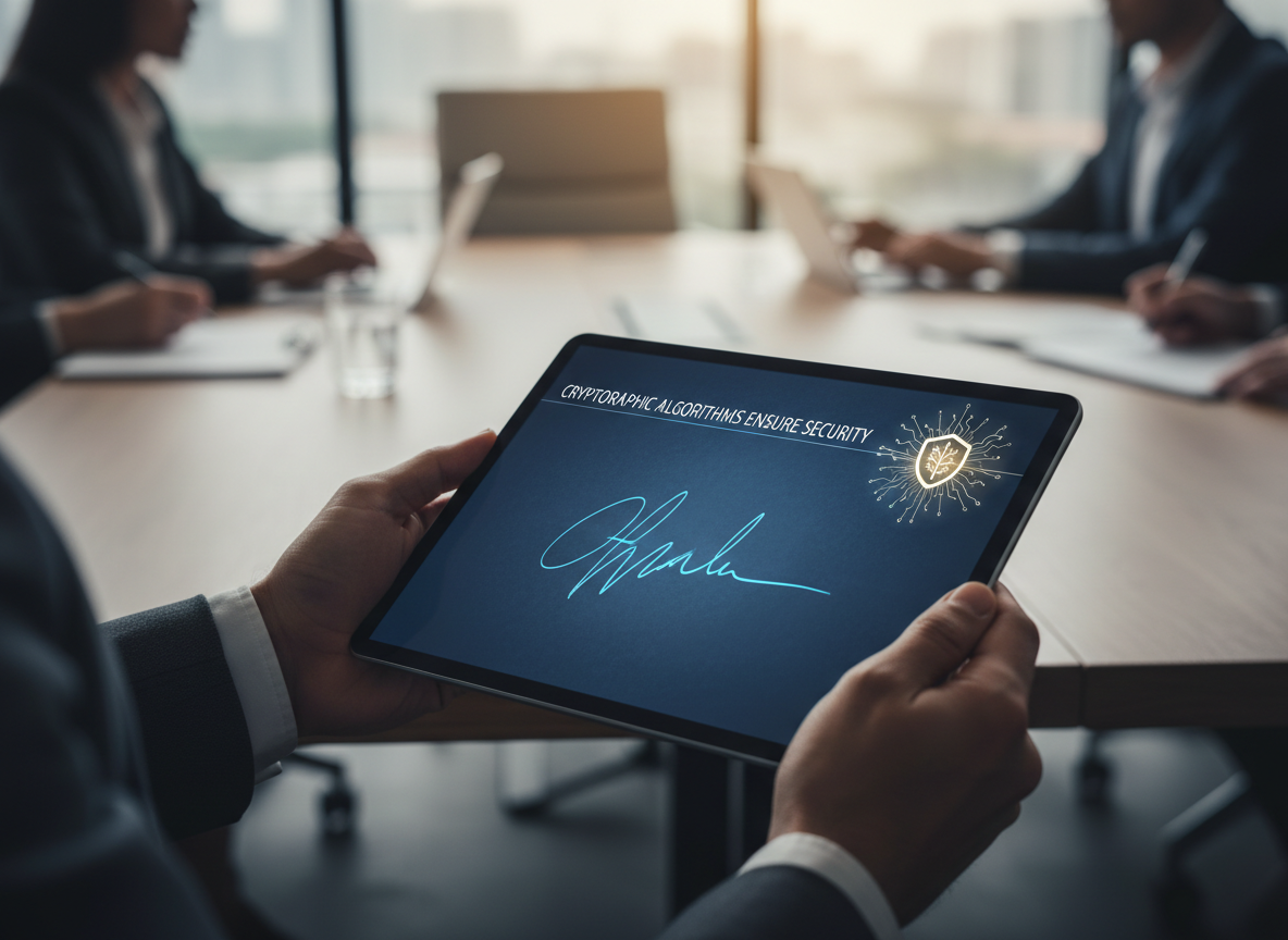 A business professional holding a tablet showing a signed digital document with a glowing cryptographic key icon.