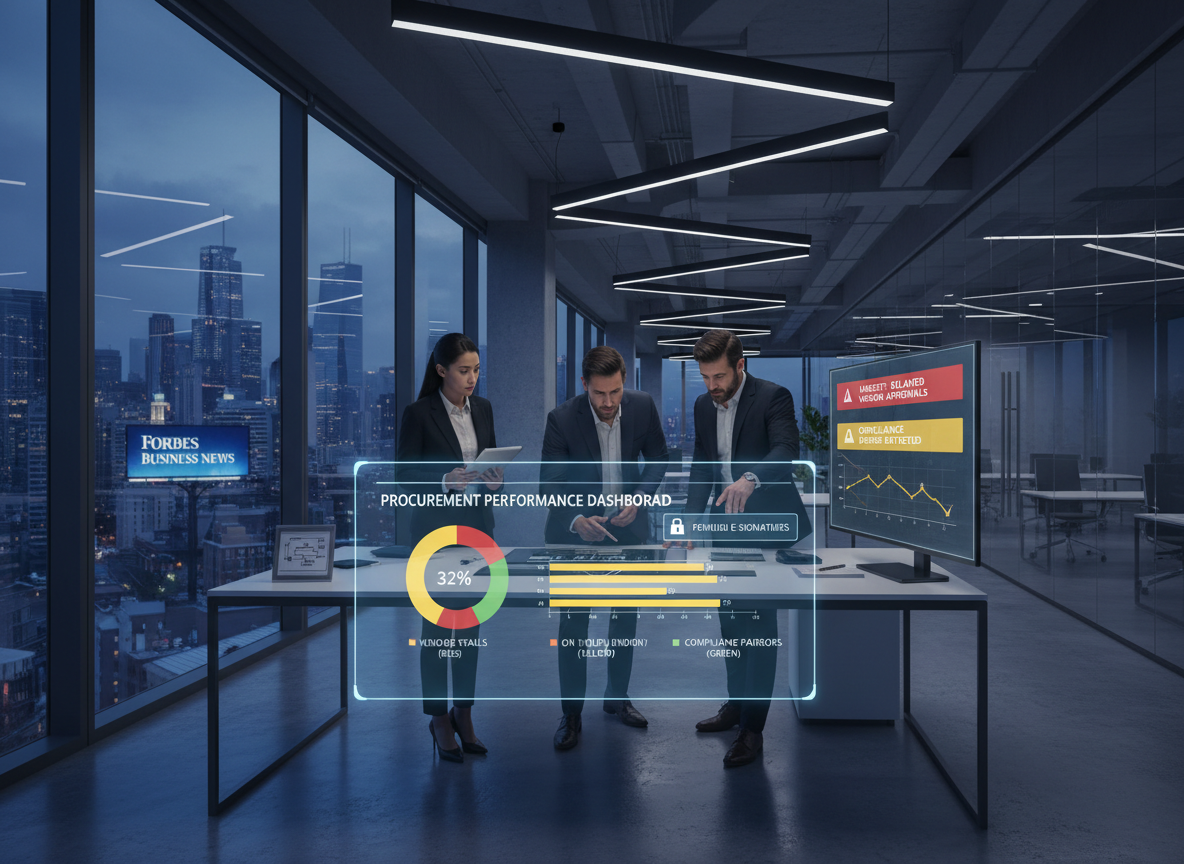 A business team analyzing vendor management delays on a digital dashboard in a modern office setting, emphasizing procurement inefficiencies and compliance challenges.