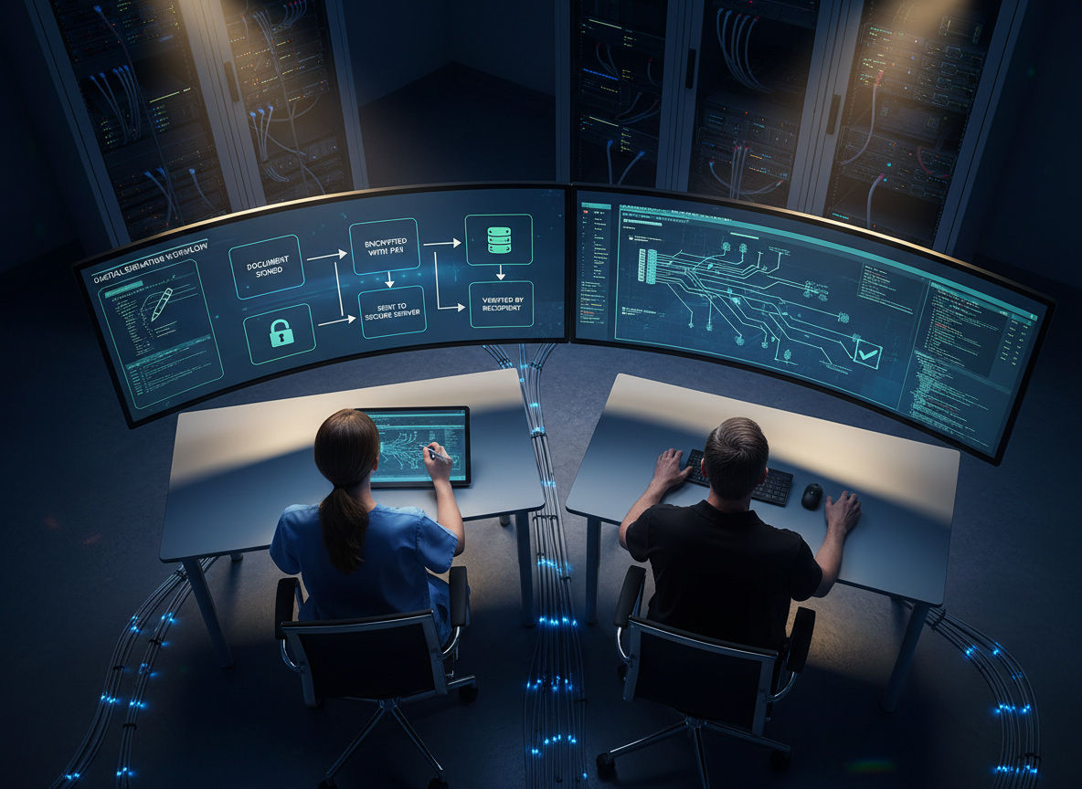 Flowchart illustrating PKI encryption securing a digital document from signing to verification in healthcare scenarios.