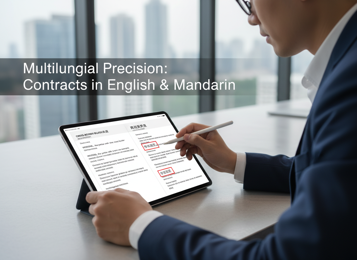 Tablet showing side-by-side English and Mandarin contracts on a digital signature platform, highlighting multilingual support.
