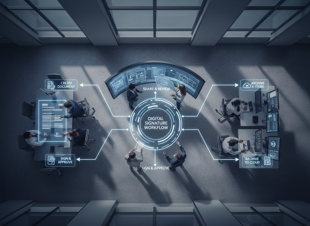 Overhead view of an office where teams collaborate, connected by a glowing flowchart showing steps like 'Create,' 'Share,' 'Sign,' and 'Archive.'