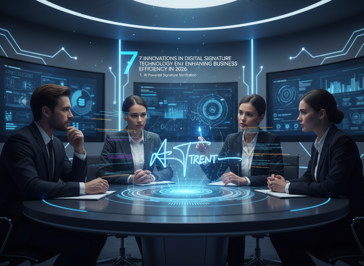 AI-powered signature verification in a futuristic office with holographic displays and dynamic data streams.