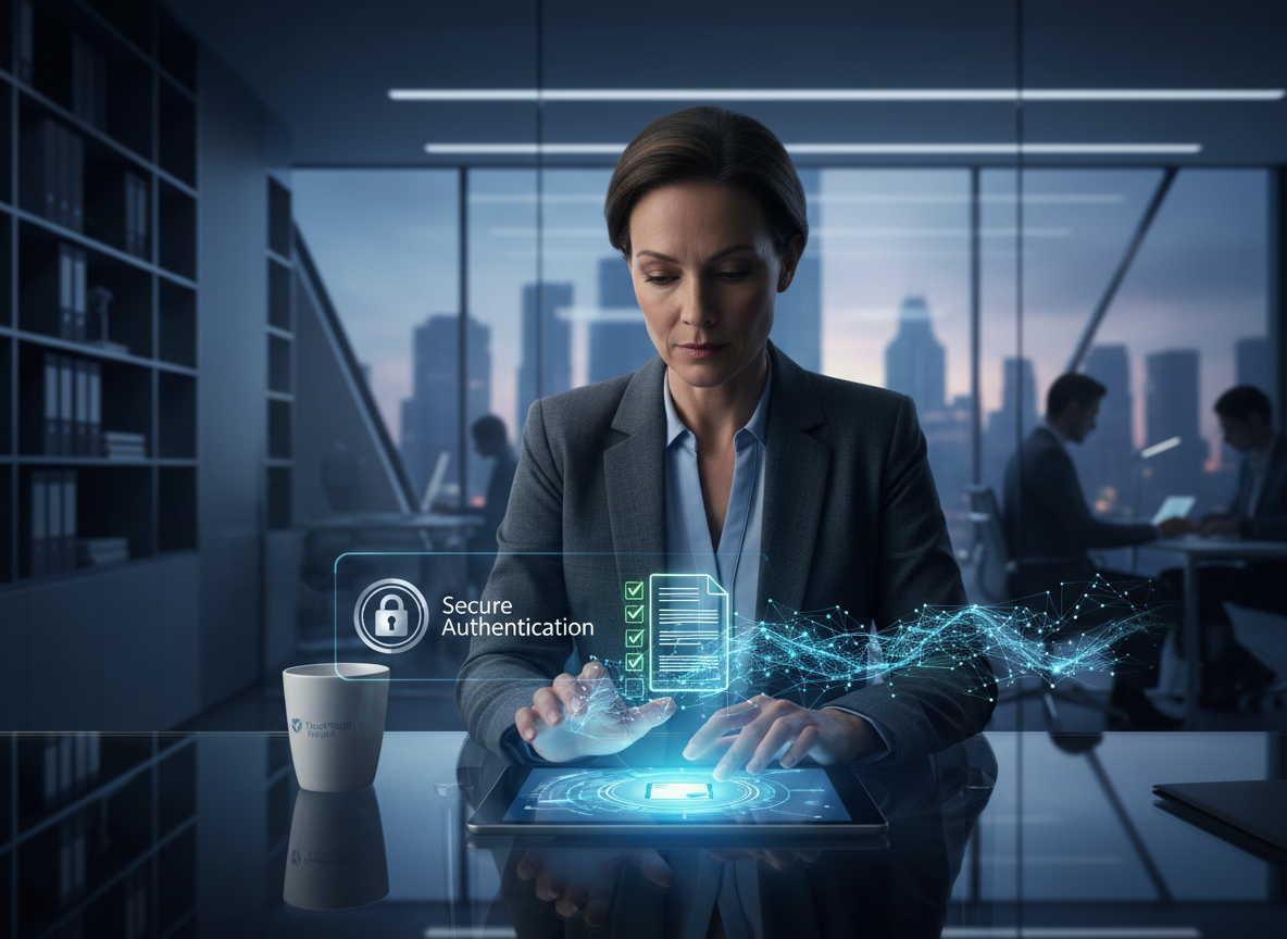 A compliance officer reviewing a digital patient consent form secured with cryptographic algorithms, symbolized by interconnected nodes forming a chain.