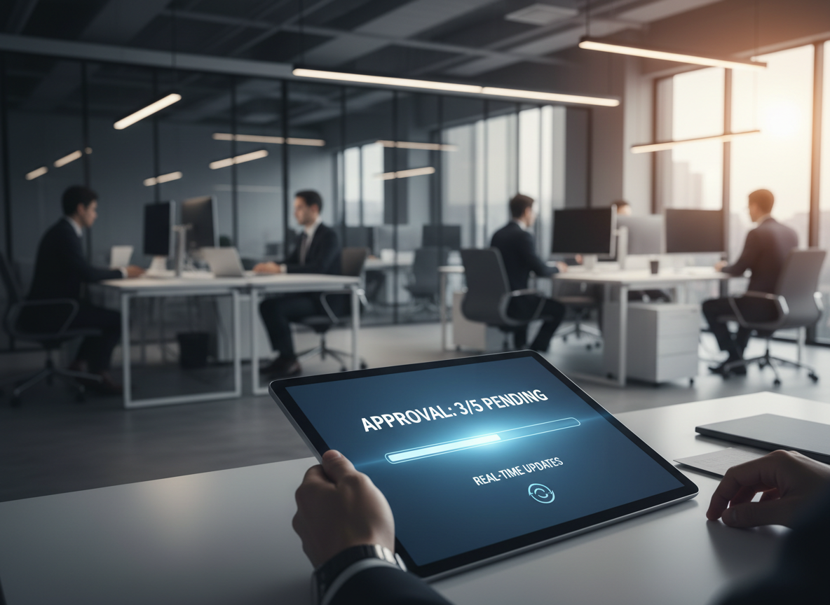 Close-up of a tablet screen showing a digital document with real-time approval updates, symbolizing faster workflows enabled by digital signatures.