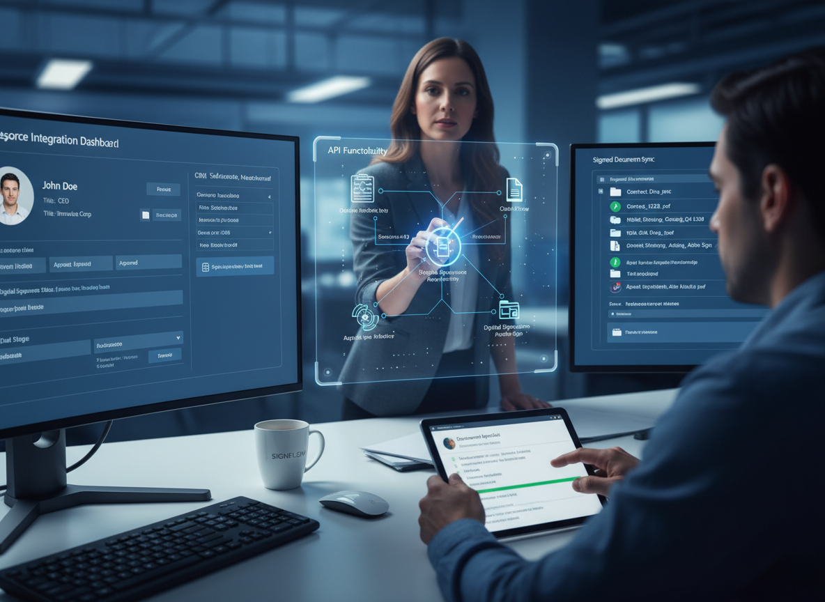Tech workspace showcasing integration dashboards with Salesforce and Google Drive syncing signed documents, highlighting seamless API functionality.