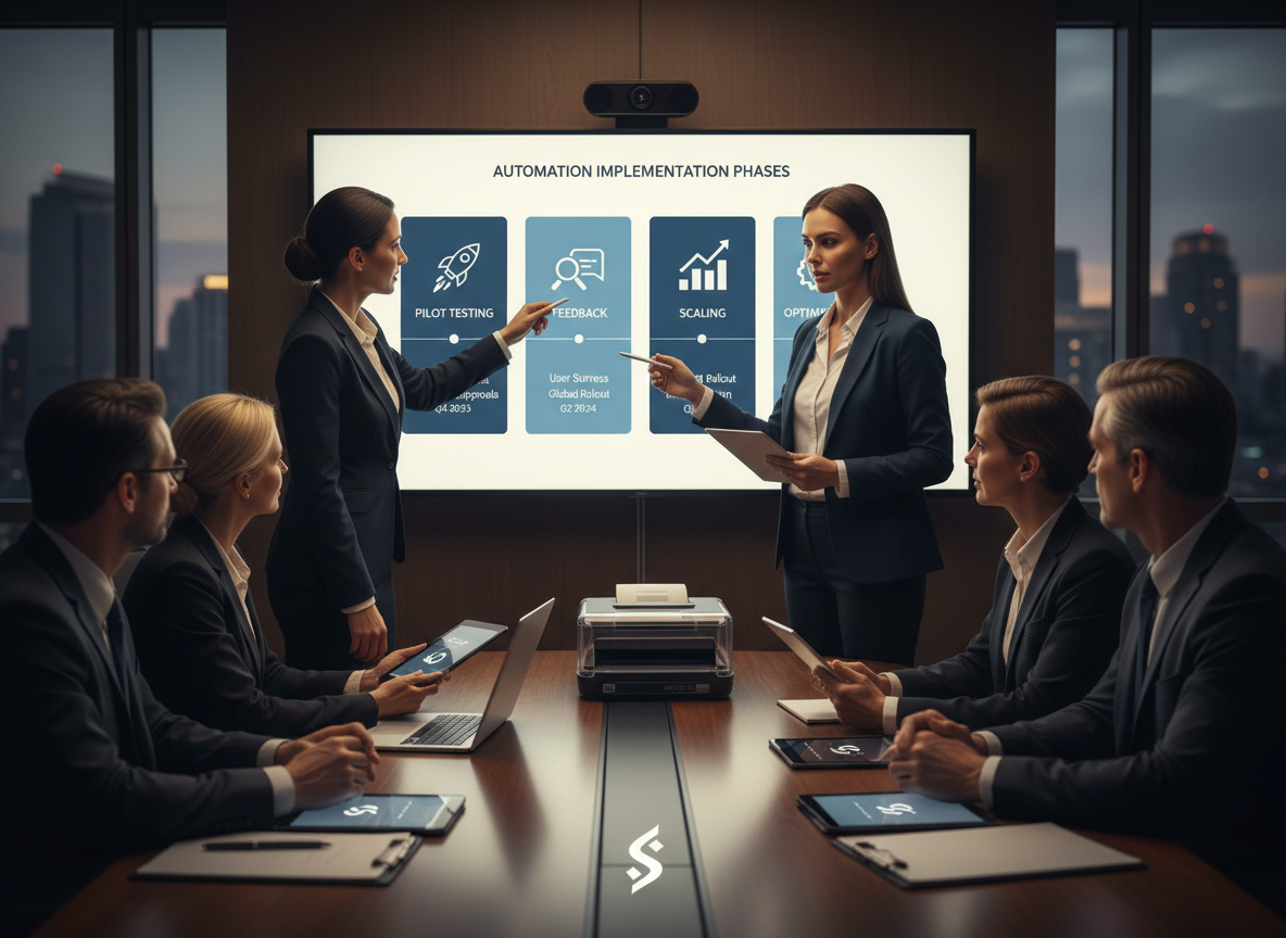 Timeline showing phased implementation of automation with milestones for testing, feedback, scaling, and optimization.