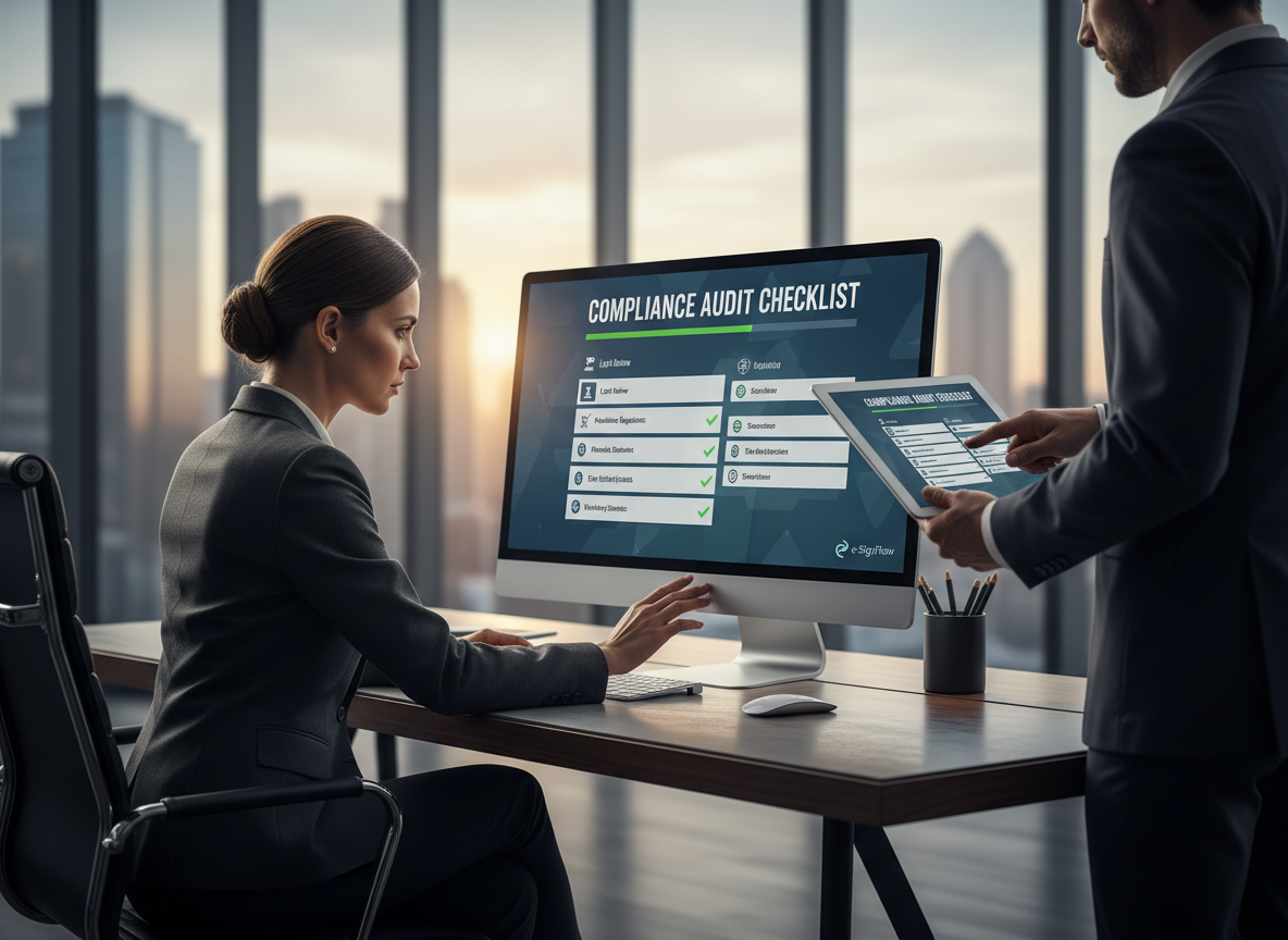 A compliance officer reviewing a digital checklist on a monitor, featuring industry-specific icons and highlighted steps for regulated industries.