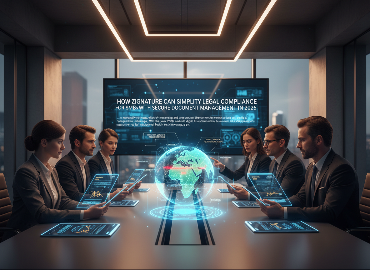 Boardroom in 2026 with executives discussing digital strategies, featuring holographic displays and digital signatures.
