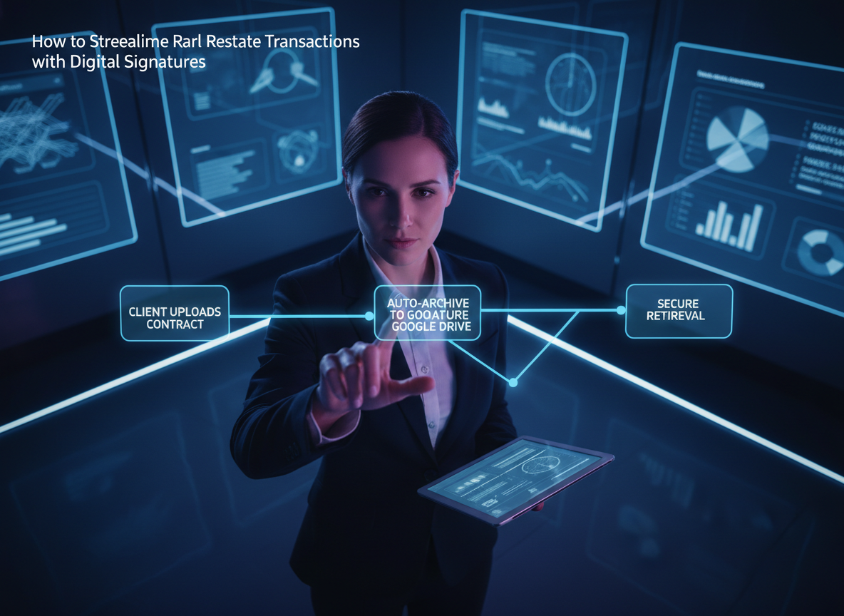 Futuristic holographic diagram showing a digital signature workflow for real estate.
