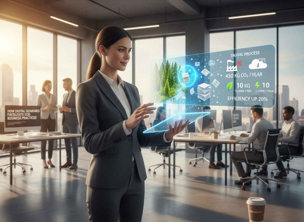 Business executive in office with holographic projection of forest turning into paper stacks, and infographic on carbon emissions.