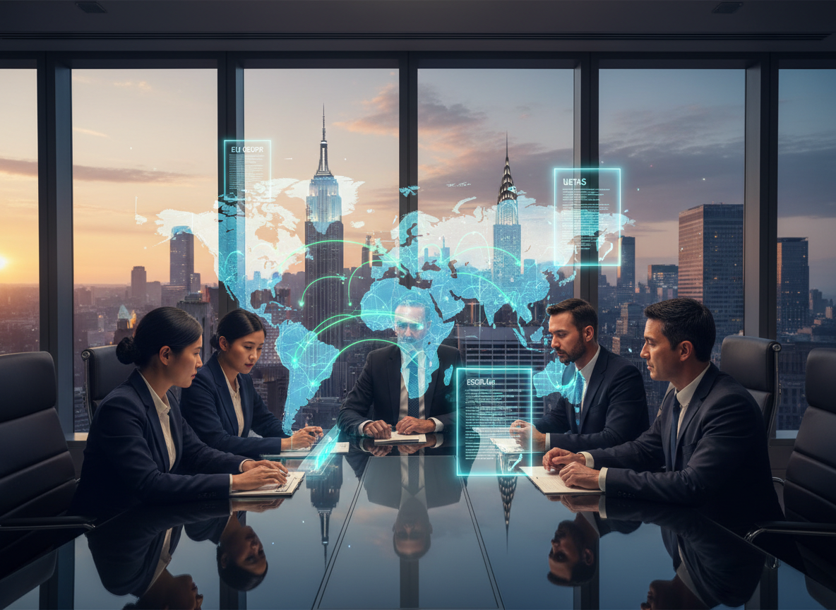 A global team analyzing holographic maps and legal frameworks for digital signatures in an international conference room.