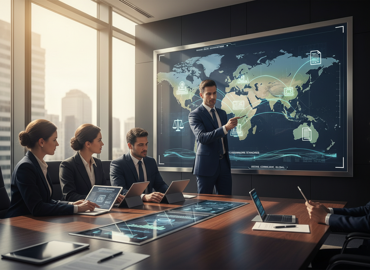 A business executive and legal team reviewing a high-tech global map with legal icons representing compliance across jurisdictions.