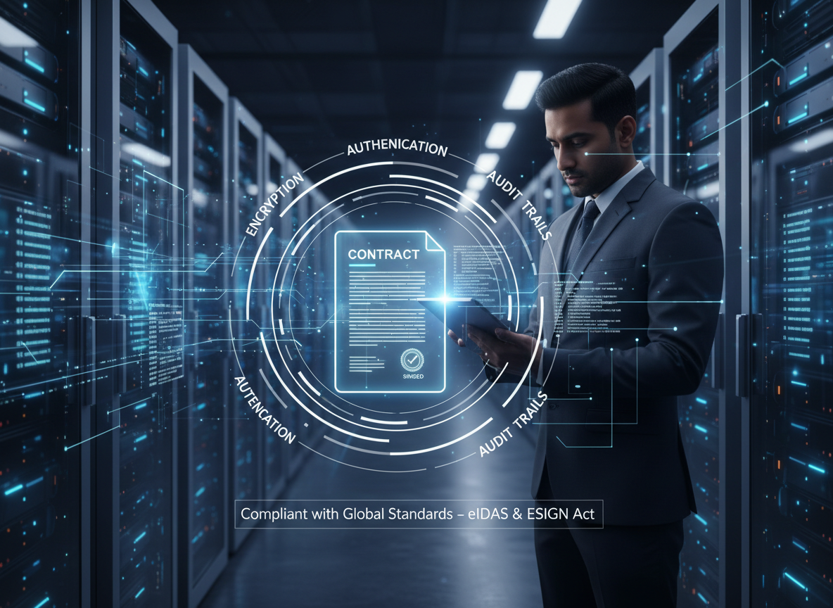 Visual representation of digital signature security layers including encryption, authentication, and audit trails in a futuristic setting.