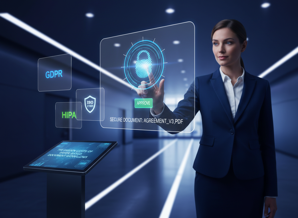 A high-tech representation of a secure e-signature process with encryption, user authentication, and compliance certifications like GDPR and HIPAA.