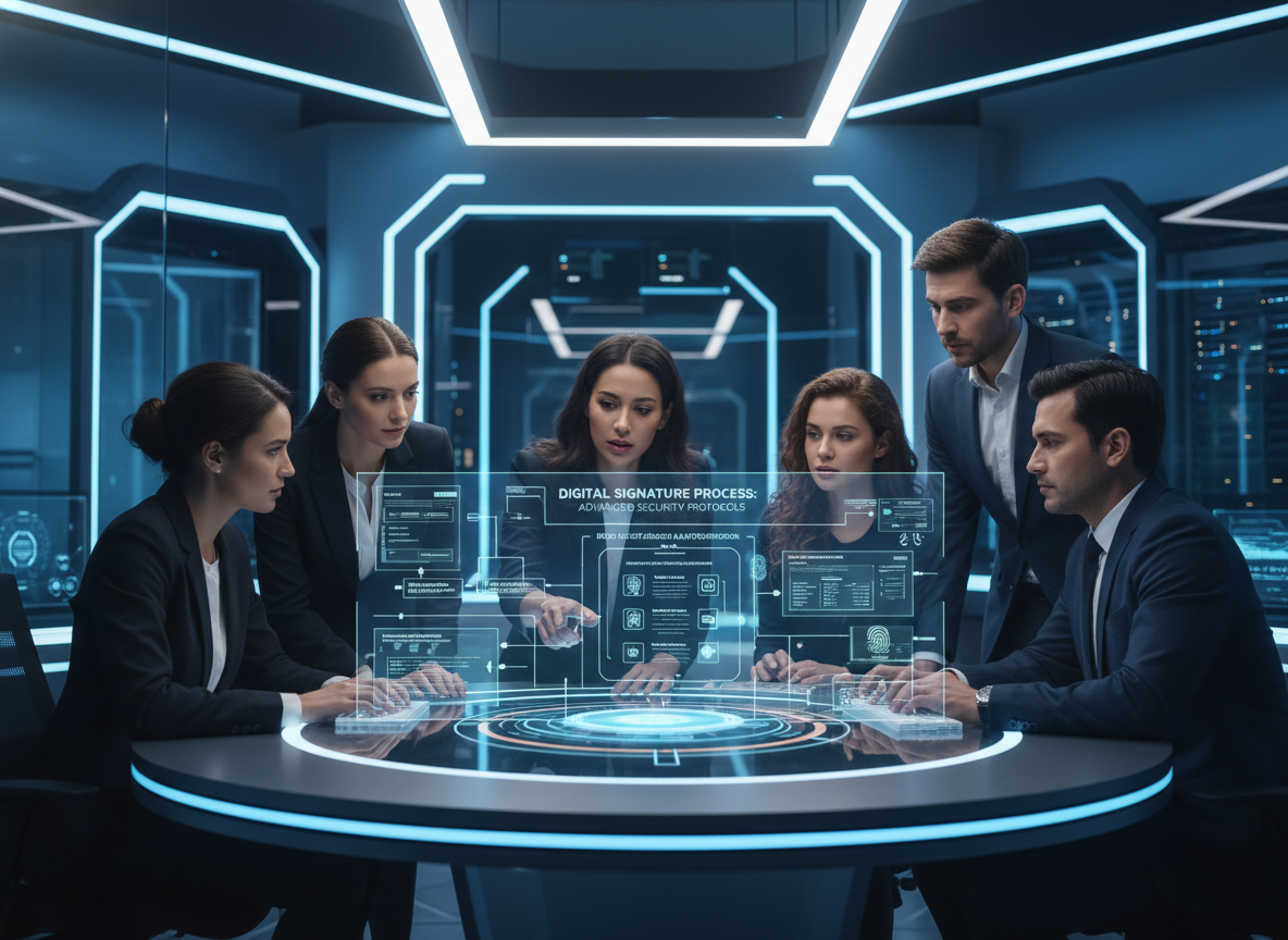 Holographic display of digital signature process with encryption keys and authentication steps in a tech lab.