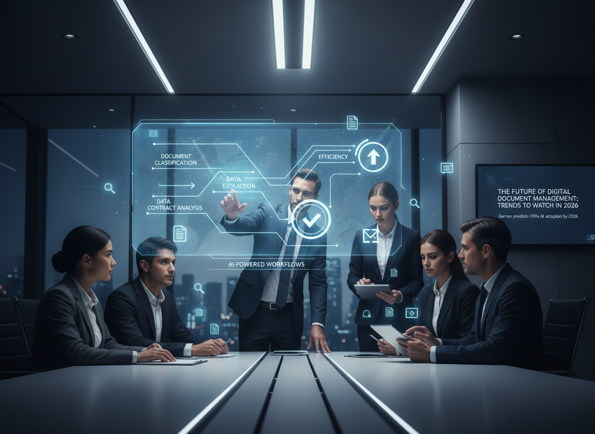 Modern office with professionals reviewing holographic AI workflows automating document tasks, symbolizing the impact of AI-driven automation.