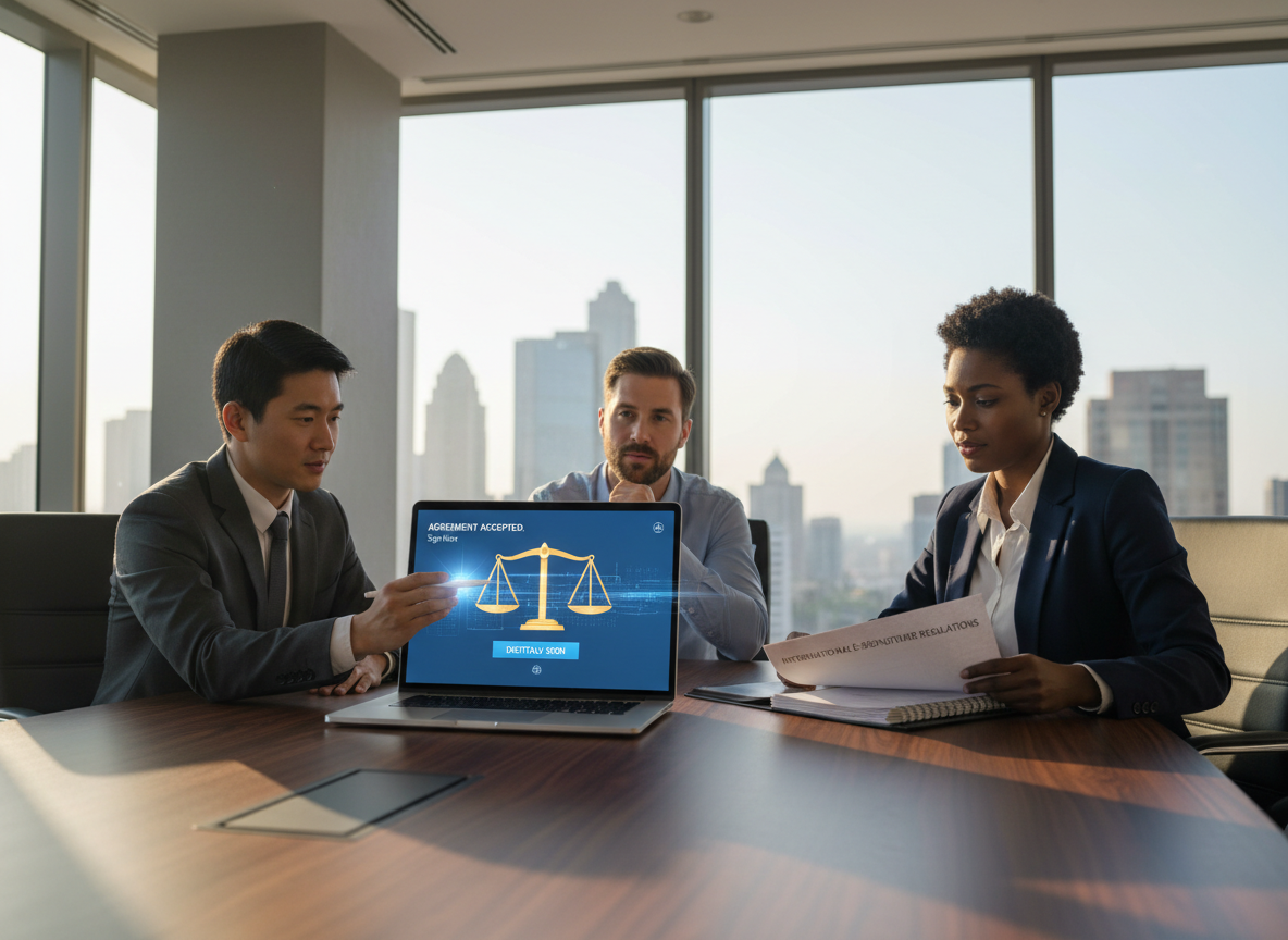 A lawyer explains the legal validity of e-signatures to a group of professionals in a modern office setting, with a glowing digital signature symbolizing compliance.