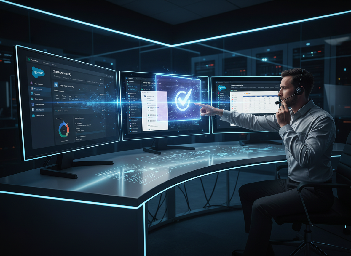 A futuristic workspace showing software interfaces connecting seamlessly through a glowing digital document.