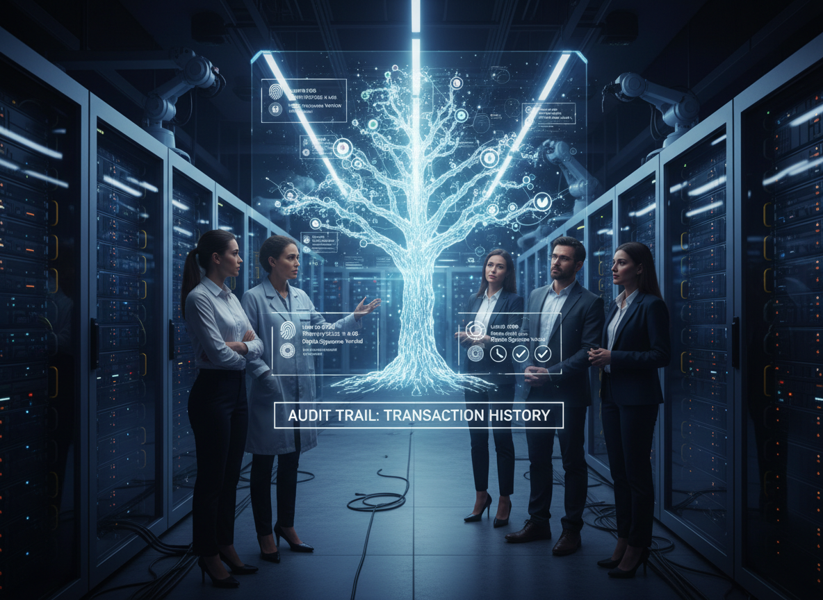 Futuristic data center scene with a holographic visualization of a digital signature audit trail, showing interconnected data points to highlight its comprehensive structure.