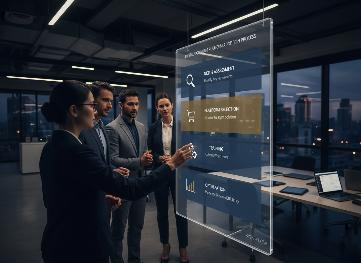 Infographic showcasing the 5-step implementation process for digital signatures, from assessment to optimization.