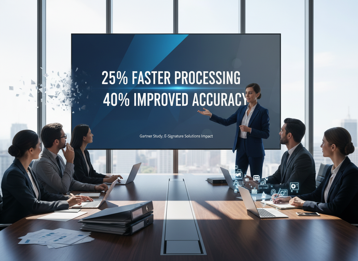 A corporate boardroom illustrating ROI metrics like faster processing and improved accuracy, with professionals discussing digital transformation benefits.