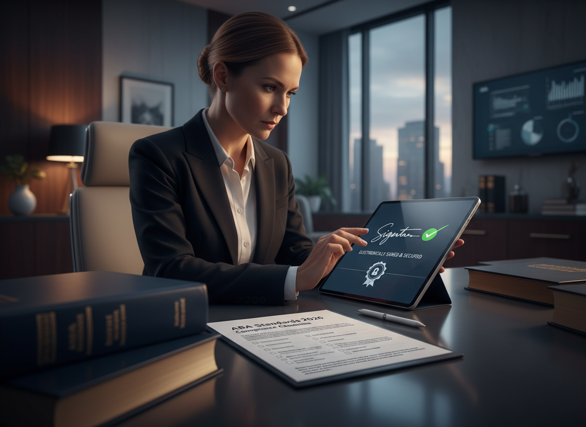 A lawyer in a modern office reviewing a digital contract with an electronic signature, compliance checklist, and tamper-evident seal icon visible.